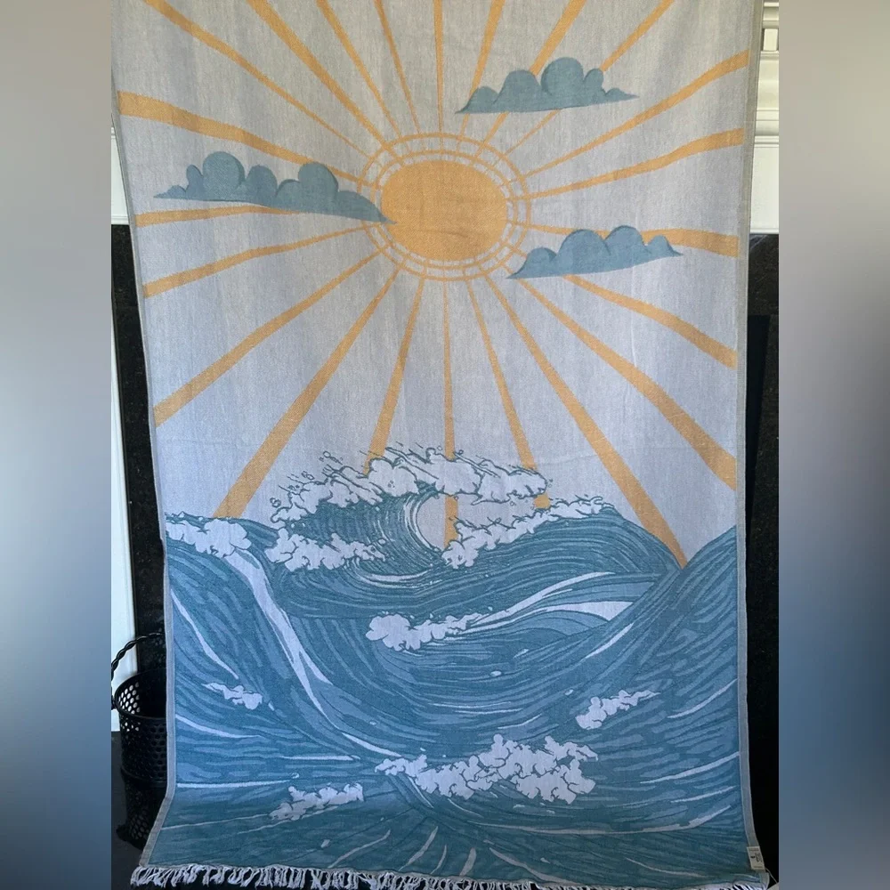 SWELL DAY SUN + OCEAN Tapestry Wall Art Woven Green + Mustard Blue + Yellow NEW!